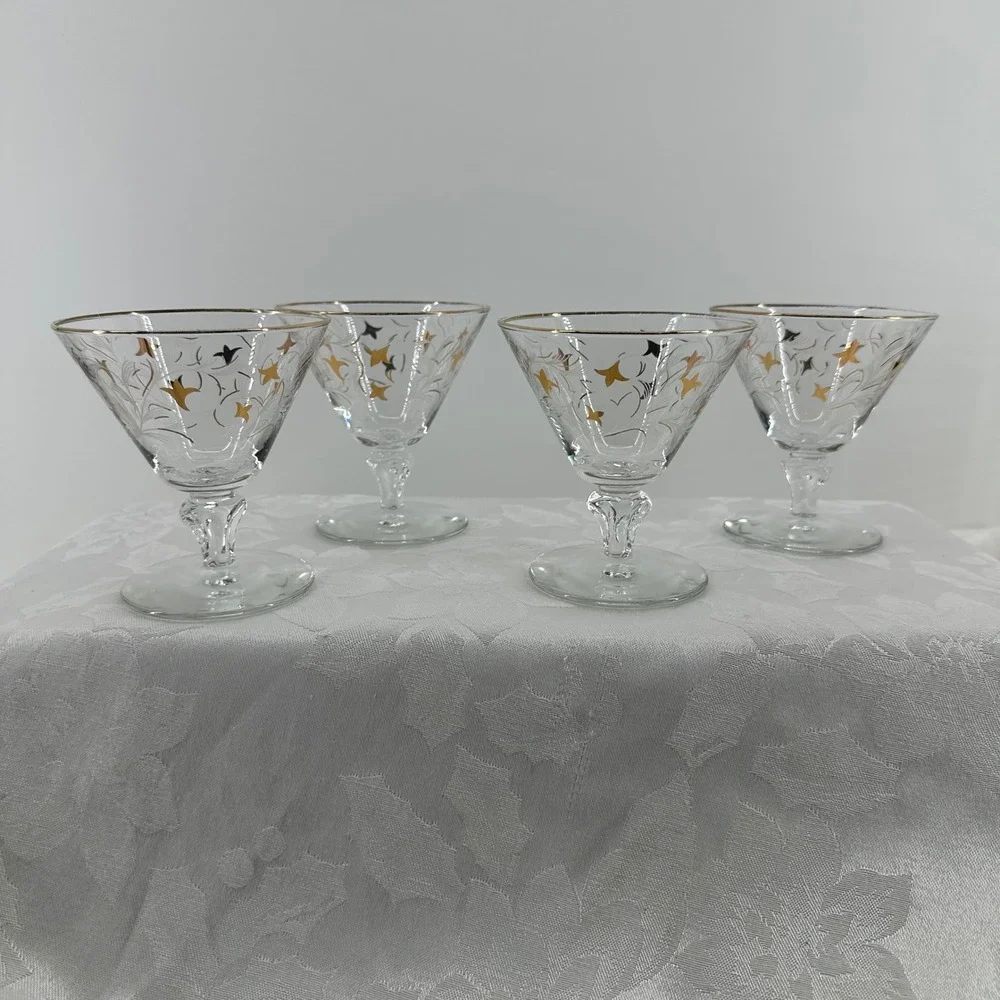 Vintage Royal Fern Martini Coupe Glasses Clear Gold Starburst Excellnt MCM Libby